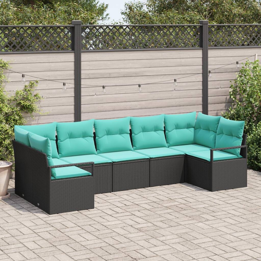 vidaXL 7 Garden Sofa Set with Cushions Black Poly Rattan - 113.8 x 48 x 27.2