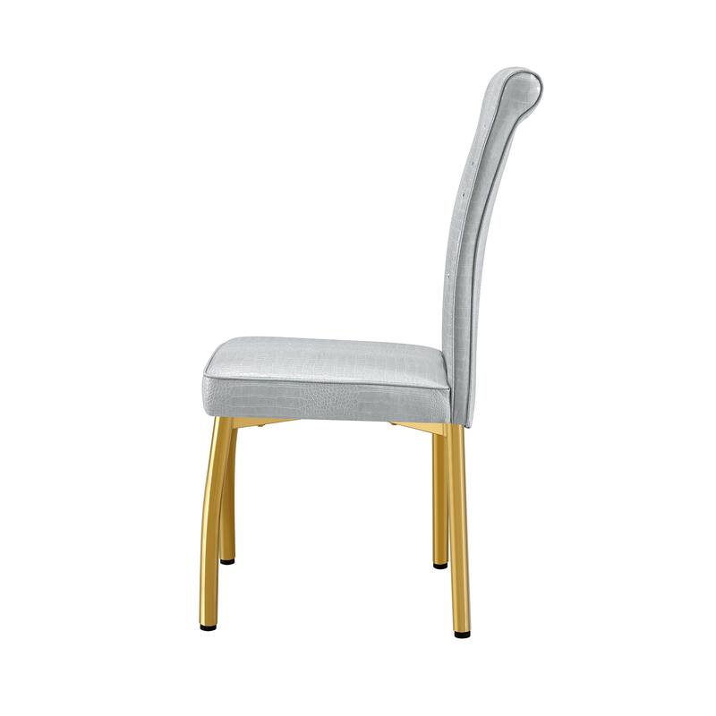 A set of 2 vintage crocodile leather cushioned dining chairs, featuring crystal clasp design and artificial leather design