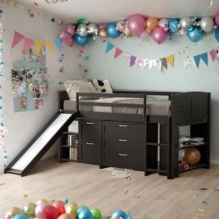 Twin Size Low Loft Bed with Cabinets,Shelves and Slide for Home