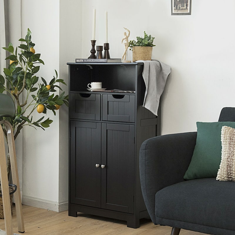 Gymax Bathroom Floor Cabinet Wooden Storage Organizer w/Drawer Doors - See Details