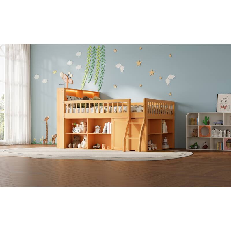 Roomfitters Full/Queen Loft Bed with Storage Shelves and LED Headboard