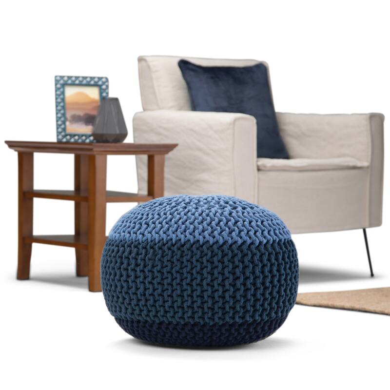 WYNDENHALL Rigby Boho Round Hand Knit Pouf - Blue/Navy Blue