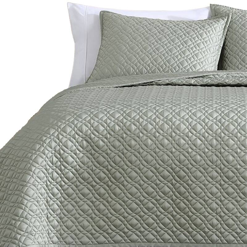 Keo 3pc Queen Coverlet Set, Reversible, Shams, Sage Gray Silky Fabric
