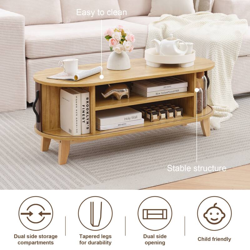 Sliding Door Coffee Table with Solid Wood Legs, Smooth Edges, and Ample Storage