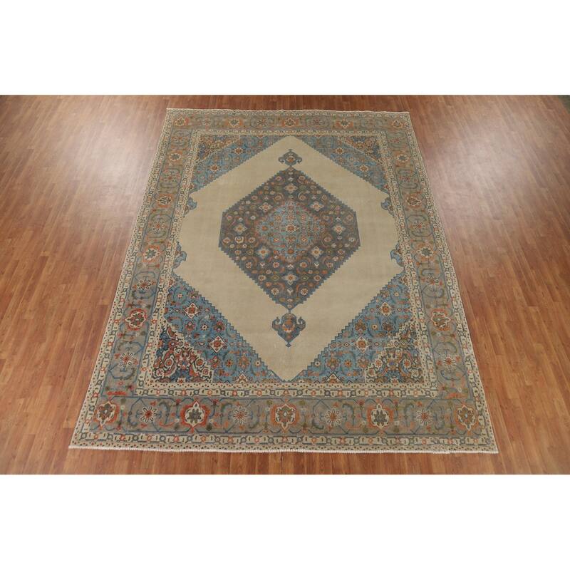 Beige Distressed Tabriz Vintage Persian Rug Handmade Wool Carpet - 9'7" x 12'11"