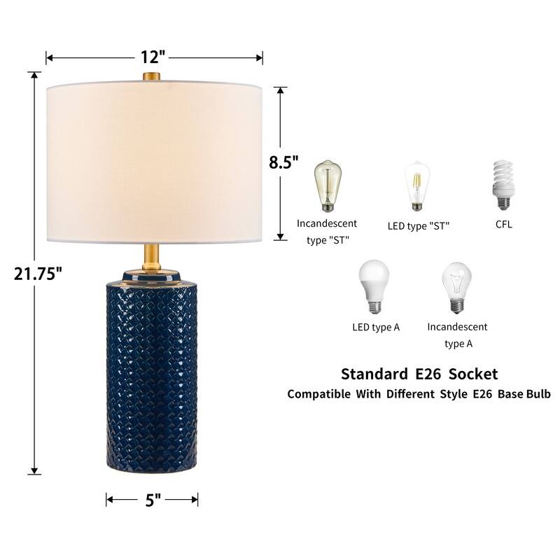 KAWOTI 21.75 Inch Blue Ceramics Table Lamp with Drum Shade