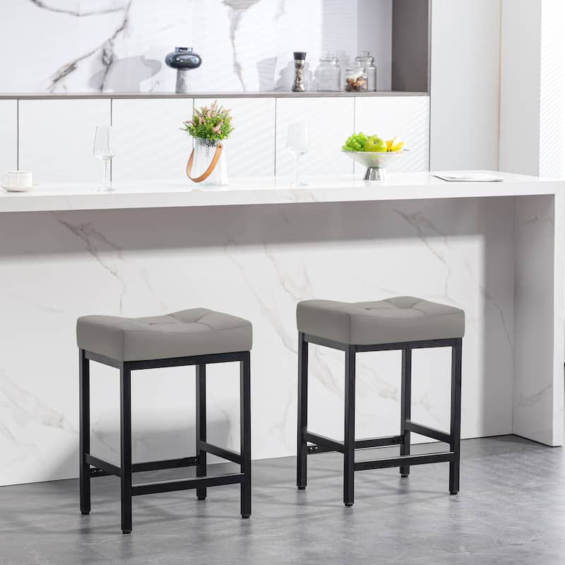 Upholstered PU Leather Bar Stools Set of 2, 24" Counter Height Saddle Bar Stools