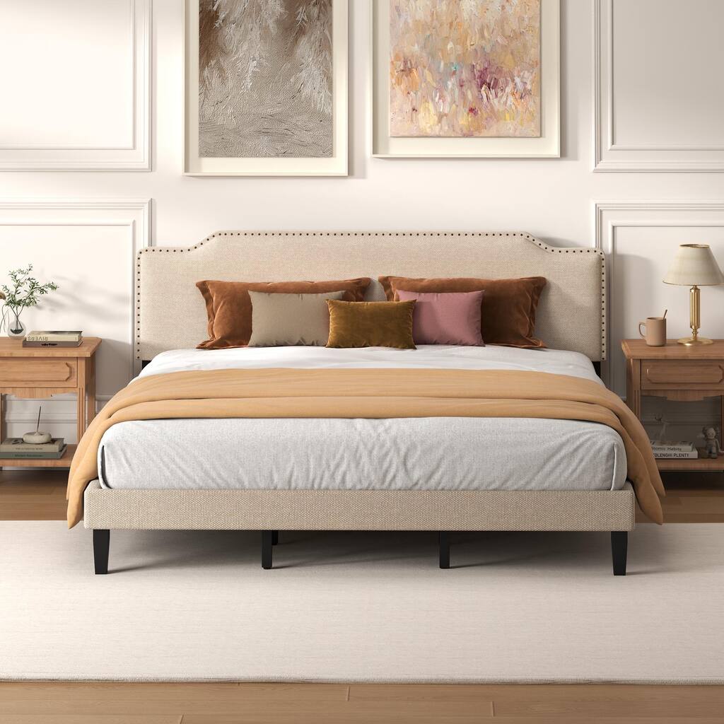 Upholstered Panel Bed with Nailed Headboard