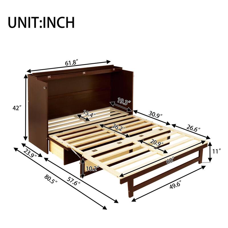 Queen Size Pine Wood Murphy Bed Cabinet with Rattan Front Panel, Foldable Bed with Storage Drawer and Sturdy Platform