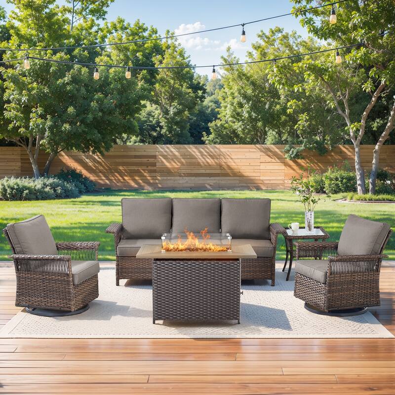 Pocassy 41 in Fire Pit Table with Patio Sofa Chair Funiture - Brown Wicker Gray Cushion - 5-Piece Sofa Swivel Chair Table with Fire Table