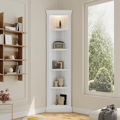 83.4"Tall Modern Corner Shelf,5 Tier Corner Bookcase with LED Light,Storage Standing Shelf Unit,Open Corner Plant Display Stand