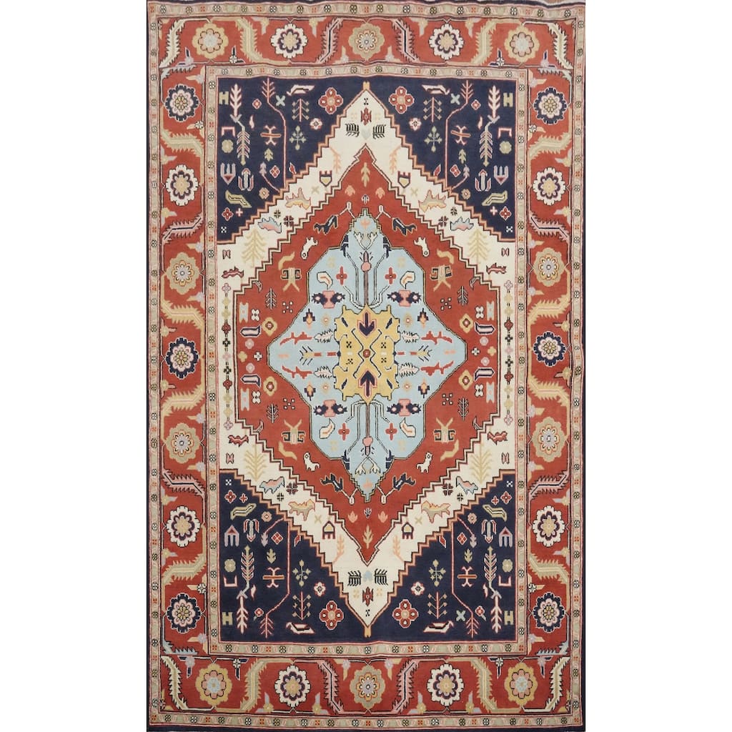 Hand Knotted Oriental 100% Wool Carpet Traditional Medallion Oranges & Rust Heriz (serapi) Area Rug - 9' 0'' X 6' 0''