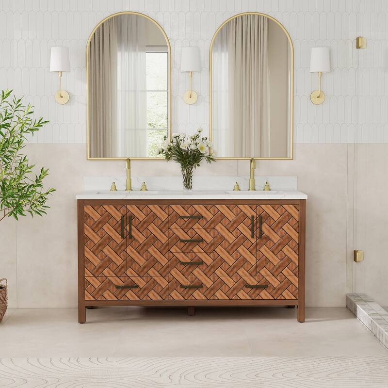 60" Freestanding Bathroom Vanity with Engineered Stone Top, Ceramic Double-Sink, Built-In Power Outlet, and Hair Dryer Storage