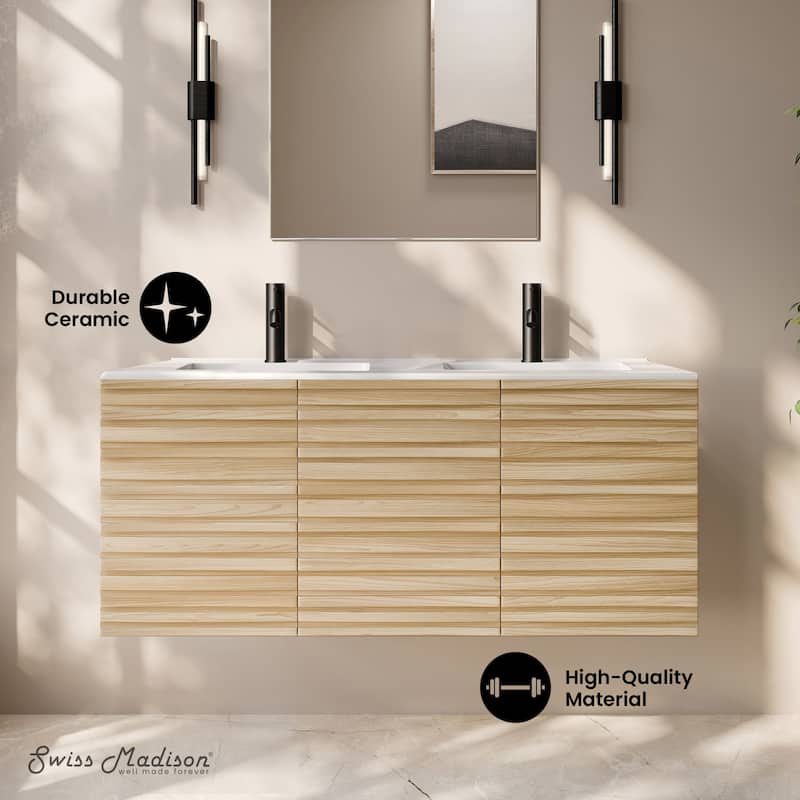 Cascade 48" Wall-Mounted Bathroom Vanity In Natural Oak With Double Basin Sink Top - 48