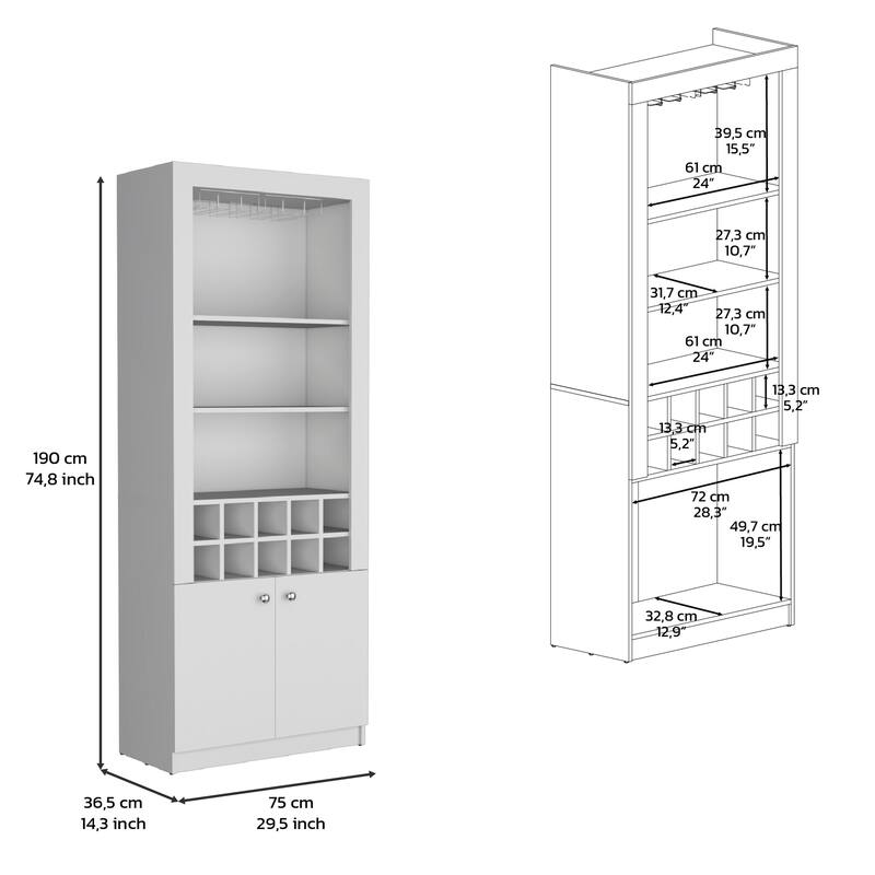 Cabinet 4-Tier, Glass Holder Stemware Rack, Wine Cabinet, Liquor Cabinet, 10 Bottle Cubbies, 4 Shelves, White