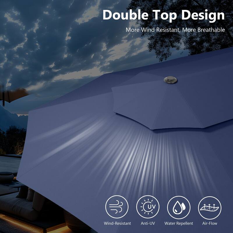 MAISON ARTS 15ft 2-Tier Large Patio Umbrella with Solar Lights, Double-Sided Outdoor Market Umbrellas with Base Included