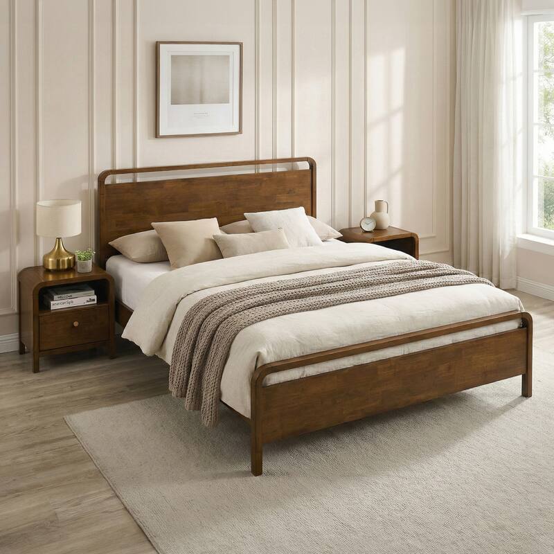 Roundhill Furniture Eldren Wood Bedroom Set, Platform Bed with Two Nightstands in Walnut Finish