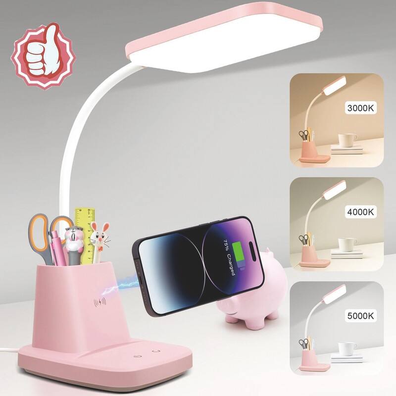 Small Desk Lamp with Pen Holder,3 Modes Dimmable Touch - 6.3"D x 5.12"W x 21.85"H - Pink