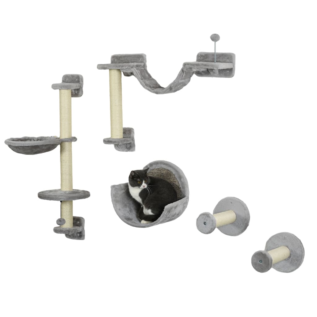 PawHut 5 Piece Cat Wall Shelves, Wall Mounted Cat Shelves with Hammock, Perches, Ladder, Scratching Posts, Cat Wall Furniture