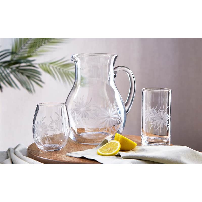 Fleur Etched Glass Pitcher Clear Glass, 6.25"L x 6.25"W x 9.0"H, 67 oz,