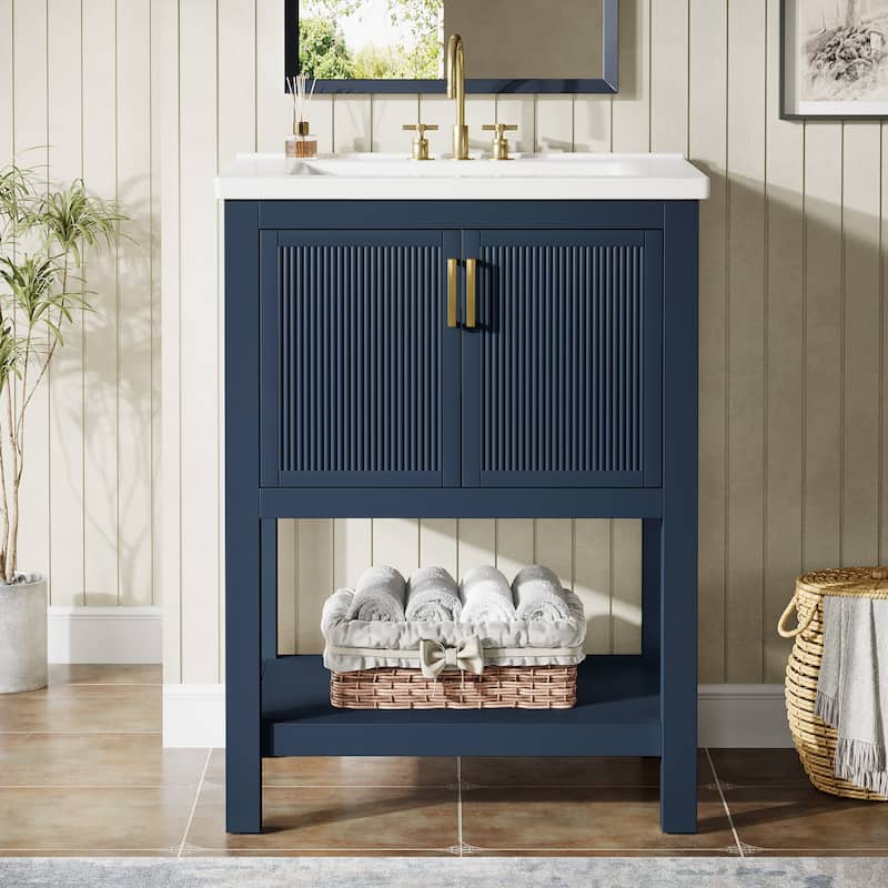 24" Single Bathroom Vanity with Ceramic Sink, Solid Rubberwood Frame & Open Storage Shelf