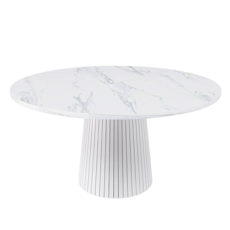 47 inch Round MDF Dining Table for 4, Modern Farmhouse Kitchen Table with Wood Strip Base, Circle Dinner Table