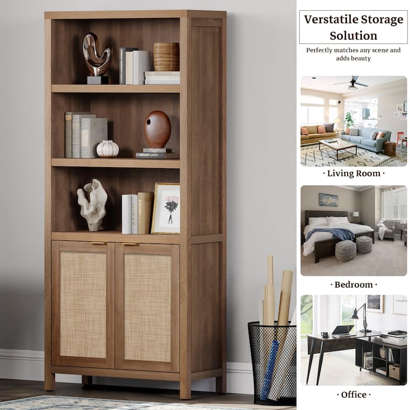 SICOTAS 5 Tier Adjustable Bookcase with Rattan Storage Cabinet