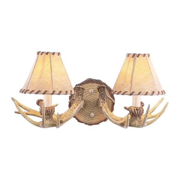 slide 2 of 8, Lodge 2 Light Rustic Wood Antler Armed Wall Sconce Faux Leather Shade - 16.75-in W x 8.25-in H x 9.5-in D Noachian Stone - 16.75-in W x 8.25-in H x 9.5-in D