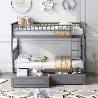 Convertible Twin over Twin Wood Loft Kids Bed with Drawers,Guardrail