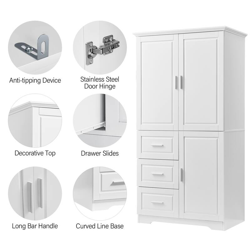 Roomfitters Tall & Wide Bathroom Storage Cabinet, Modern MDF Linen Tower with 3 Drawers & Adjustable Shelves