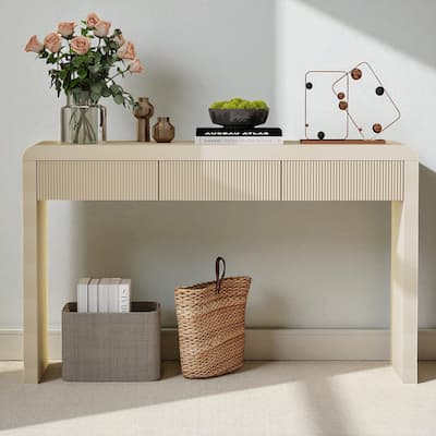 Rustic 55" Console Table with 3 Fluted Drawers, Solid Wood Veneer Entryway Table for Hallway or Foyer