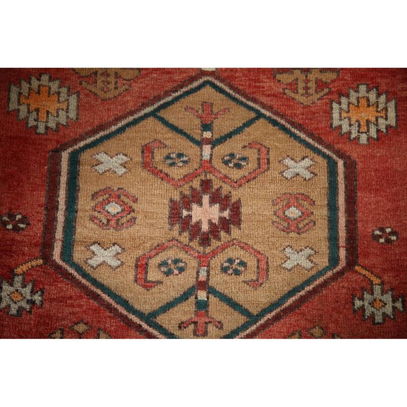 Geometric Red Heriz Persian Vintage Runner Rug Handmade Wool Carpet - 3'9"x 11'1"