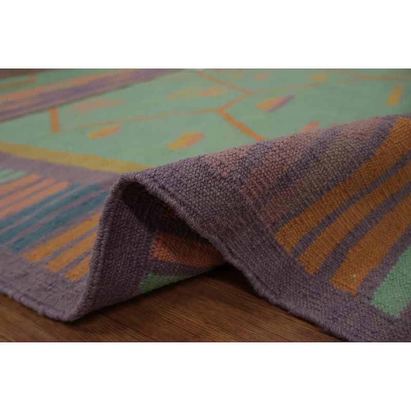 Hand Woven Oriental 100% Wool Carpet Southwestern Tribal Green Kilim Area Rug - 9' 8'' X 8' 9''