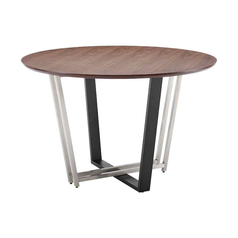 Leyne 48 Inch Round Dining Table, Stainless Steel, Black Iron, Walnut Veneer - Walnut Brown, Black, Silver