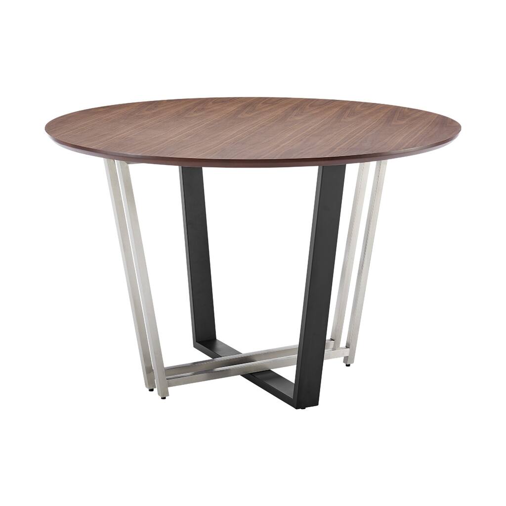 Leyne 48 Inch Round Dining Table, Stainless Steel, Black Iron, Walnut Veneer - Walnut Brown, Black, Silver