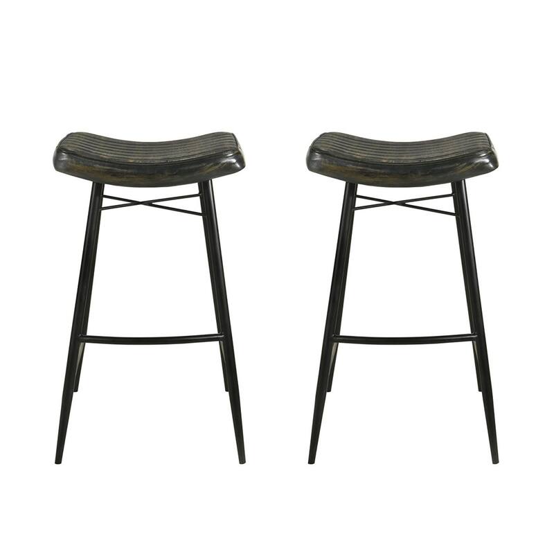 Set of 2 Leather Upholstered Saddle Seat Bar Stools