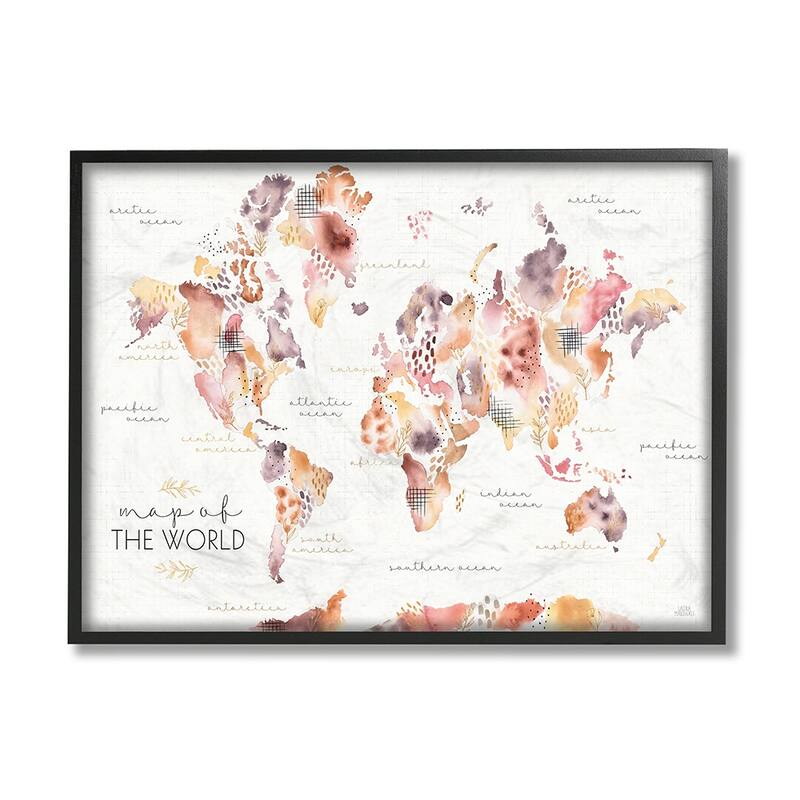 Stupell Abstract Floral World Map Watercolor Pink Purple Framed Wall Art
