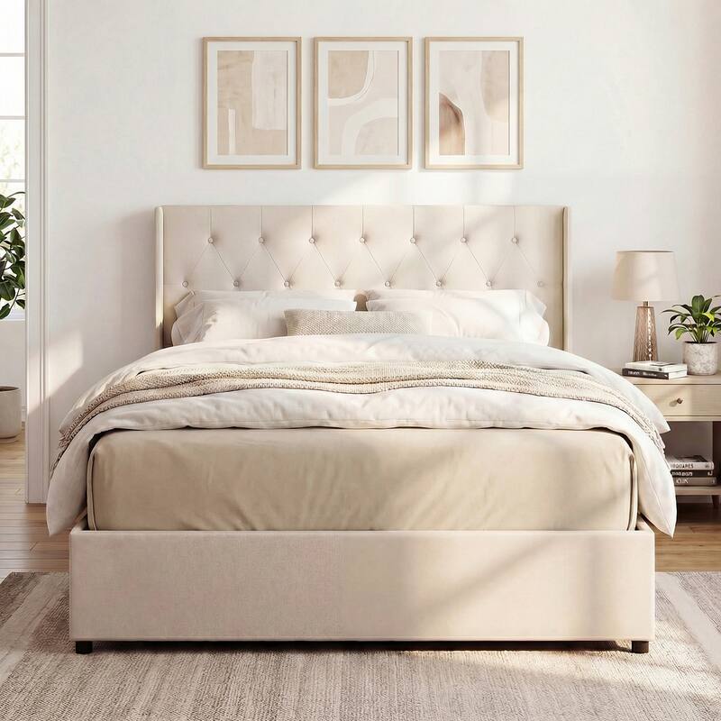 Gymax Queen Size Lift-up Storage Bed w/Tufted Wingback Headboard