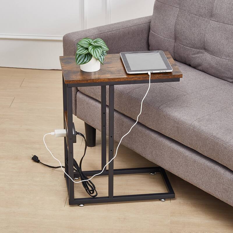 VECELO C Shaped End Table with Charging Station Sofa Table with USB Ports and Outlets C Couch Rustic Snack Bed Table - 11x19x24