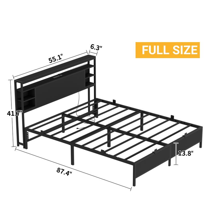 Bed Frame with Charging Station and RGB LED Lights, Sturdy Platform Bed with Storage Headboard,