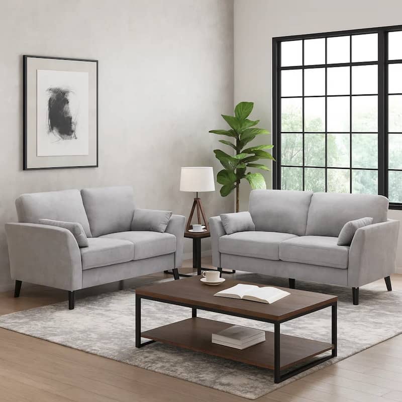 Otto2 Piece Sofa and Loveseat Set with Padded Cushions, Gray Velvet Fabric