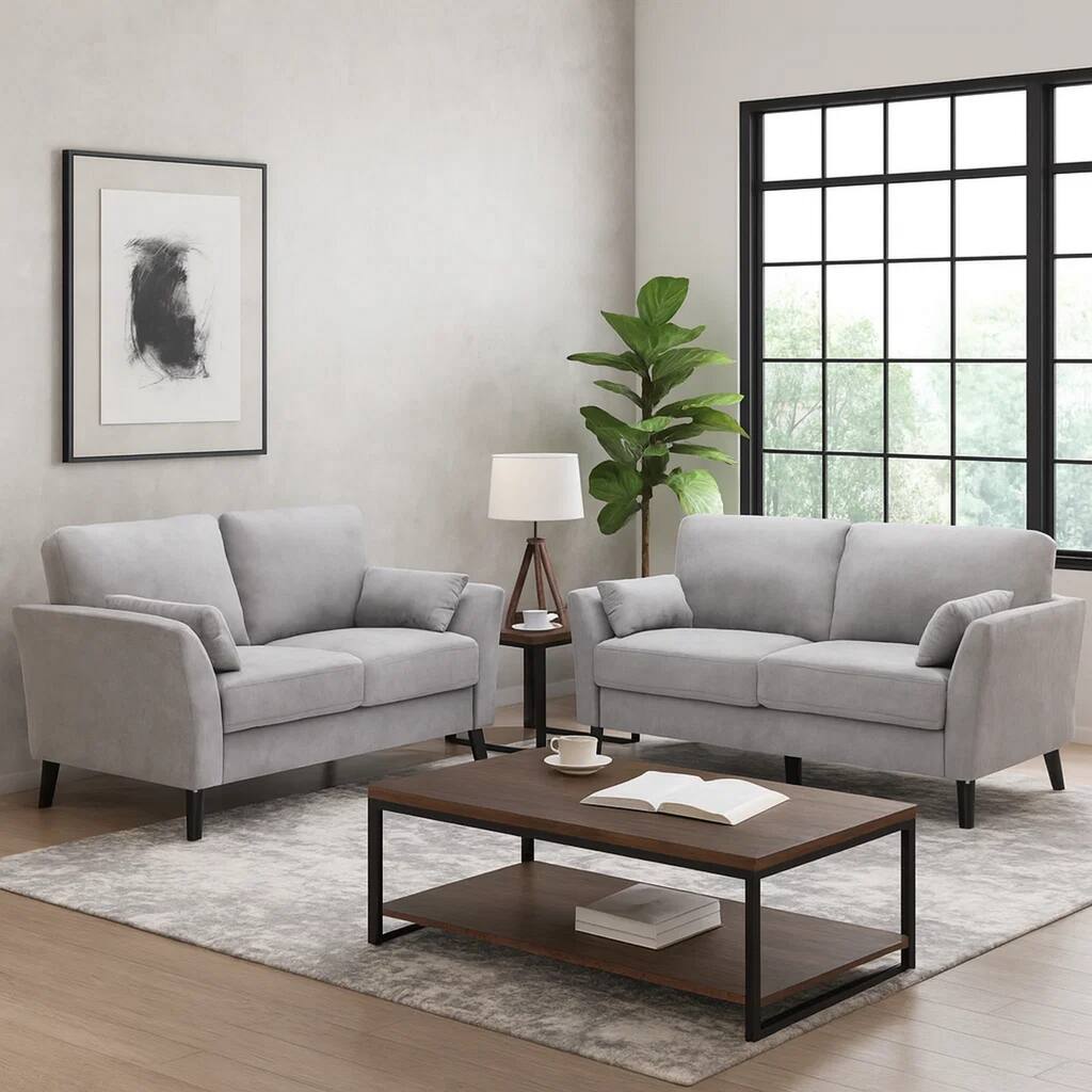 Otto2 Piece Sofa and Loveseat Set with Padded Cushions, Gray Velvet Fabric