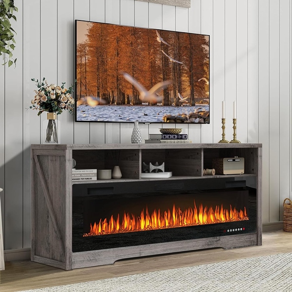 BOSSIN Fireplace 65 TV Stand for TVs Up to 75 TV with 60 Electric Fireplace Entertainment Center with Open Shelve Storage On Sale Bed Bath Beyond 40357655
