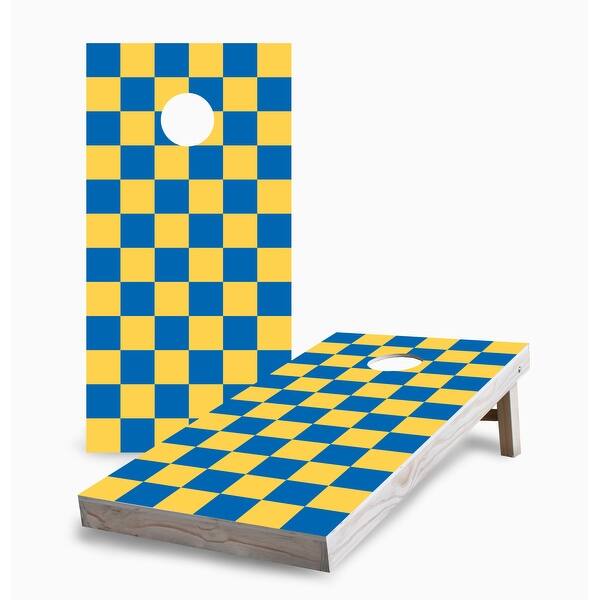 slide 2 of 5, Royal and Yellow Checkered Corn Hole Board Set with Hole Lights 16 Years and Up