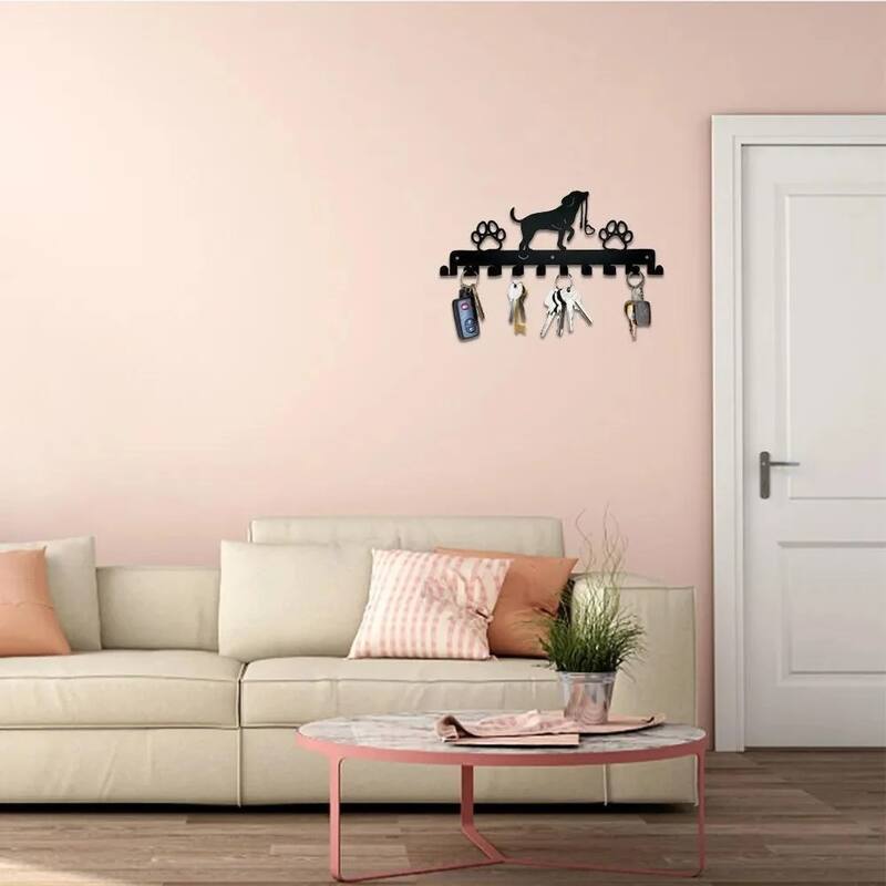 Black Metal Cute Dog Wall Hanging Storage Rack with Hooks for Home Entryway or Coat - 11.81”L x 4.96”H