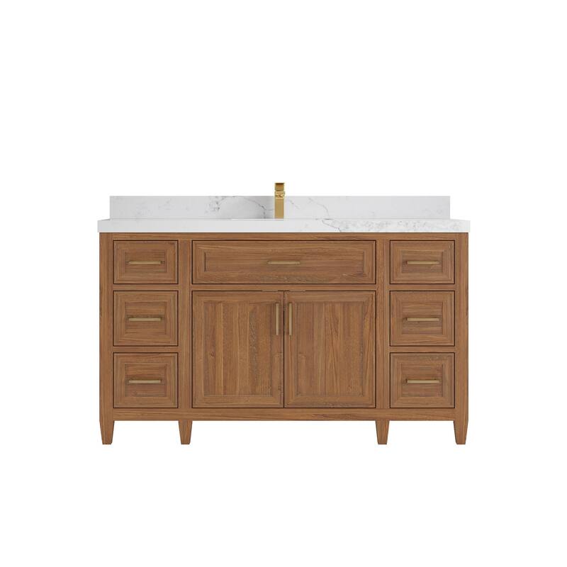 Willow Collections 60 in. W x 22 in. D Santa Monica Teak Single Sink Bathroom Vanity with Countertop - 2”Calacatta Nuvo - Dark Natural