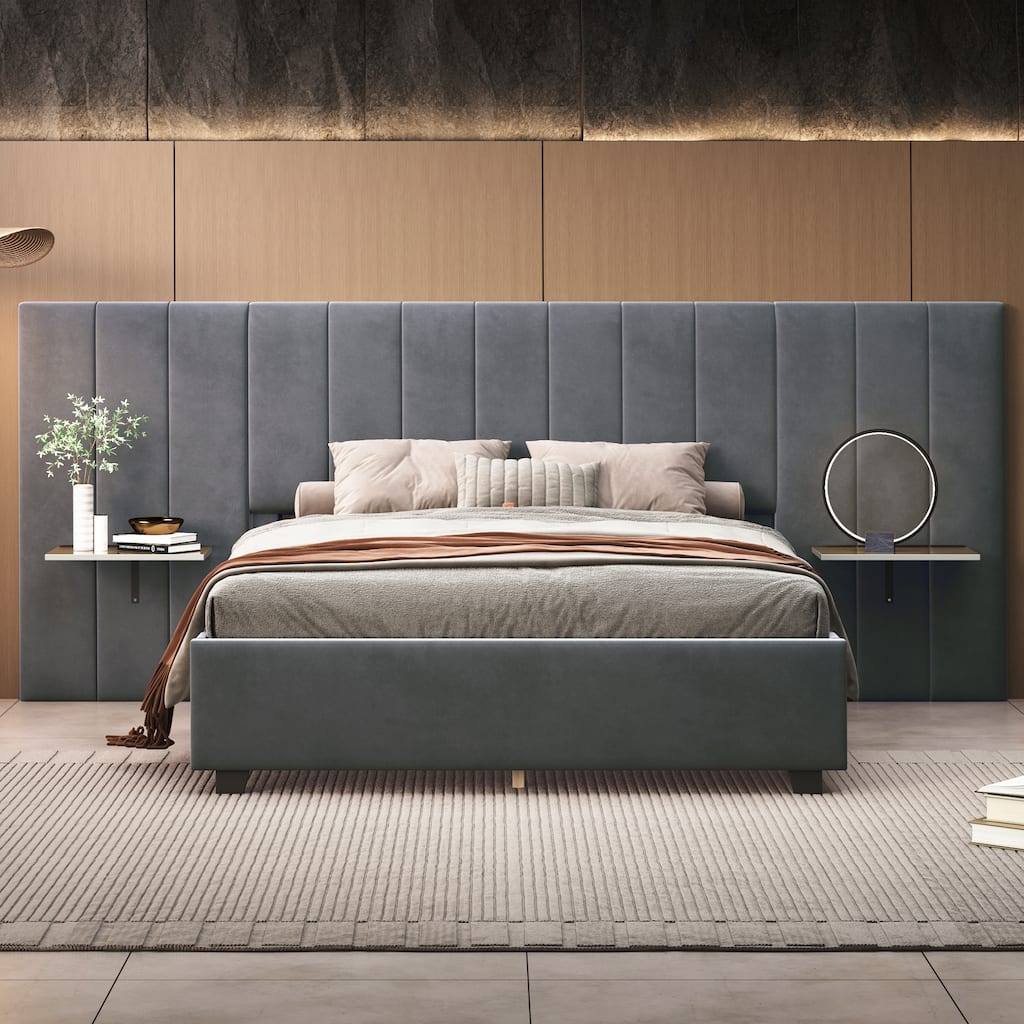 Big Upholstered Wingback Headboard Bed Frame, Velvet Platform Bed Partitions on Both Sides, Wood Panel Bed for Bedroom