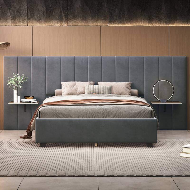 Modern Style Velvet Upholstered Platform Bed with Big Headboard for Bedroom