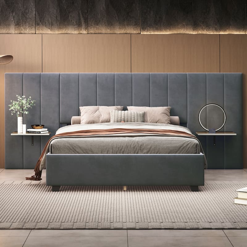 Queen Size Modern Velvet Bed with Large Headboard