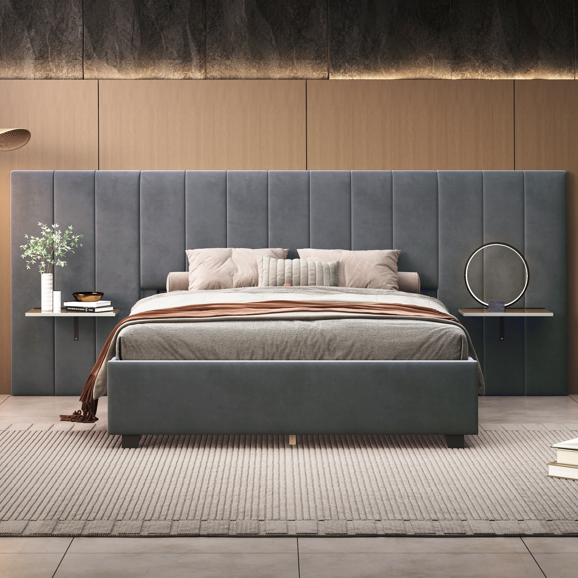 Queen Upholstered Platform Bed Comfort Soft Velvet Bed Frame with Oversized Headboard and 2 Side Shelf for Adults Grey